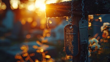Military tags hanging on post at sunset symbol of sacrifice and honor in cemetery