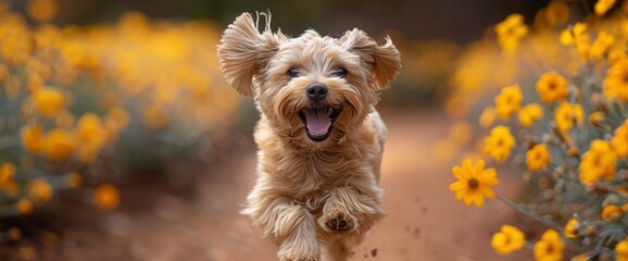 A Small Mixed Breed Dog With Flying Ears Running Joyfully In A Sandy Path In The Yellow Rapeseed Field, HD
