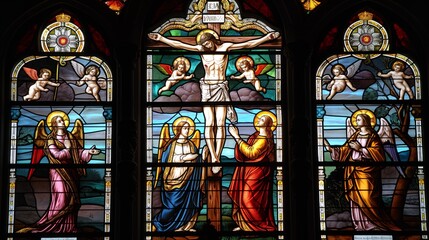 Stained glass window of the crucifixion scene with Jesus on the cross, flanked by the Virgin Mary and another figure, with angels above.