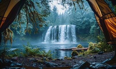 Fototapeta premium Through the tent's eyes: Enveloped by nature's beauty, a waterfall in the Pacific Northwest.