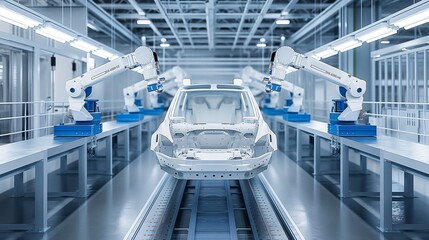 Fototapeta premium an advanced automotive assembly line inside a well-lit, modern factory.