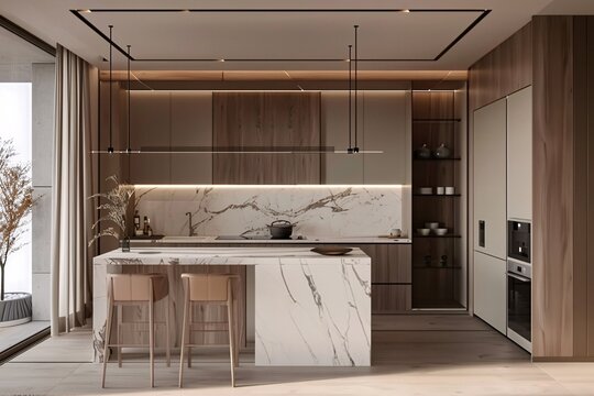 A minimalist modern kitchen with neutral tones, wood cabinets, marble backsplash, central island, bar stools, and a unique rectangular light fixture