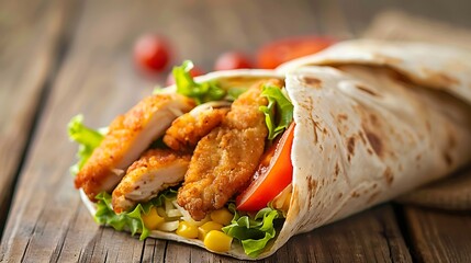 Chicken strips in a tortilla wrap on wood