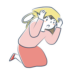 屈んで頭を守る女性