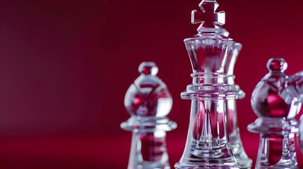 Close up of glass chess pieces maroon background