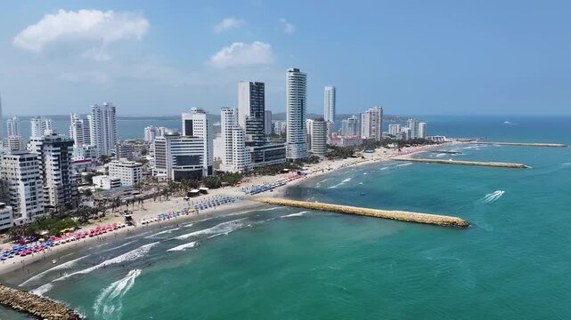 Boca Grande At Cartagena De Indias In Bolivar Colombia. Caribbean Seascape. Downtown City. Cartagena De Indias At Bolivar Colombia. Highrise Buildings Landscape. Cityscape Landmark.