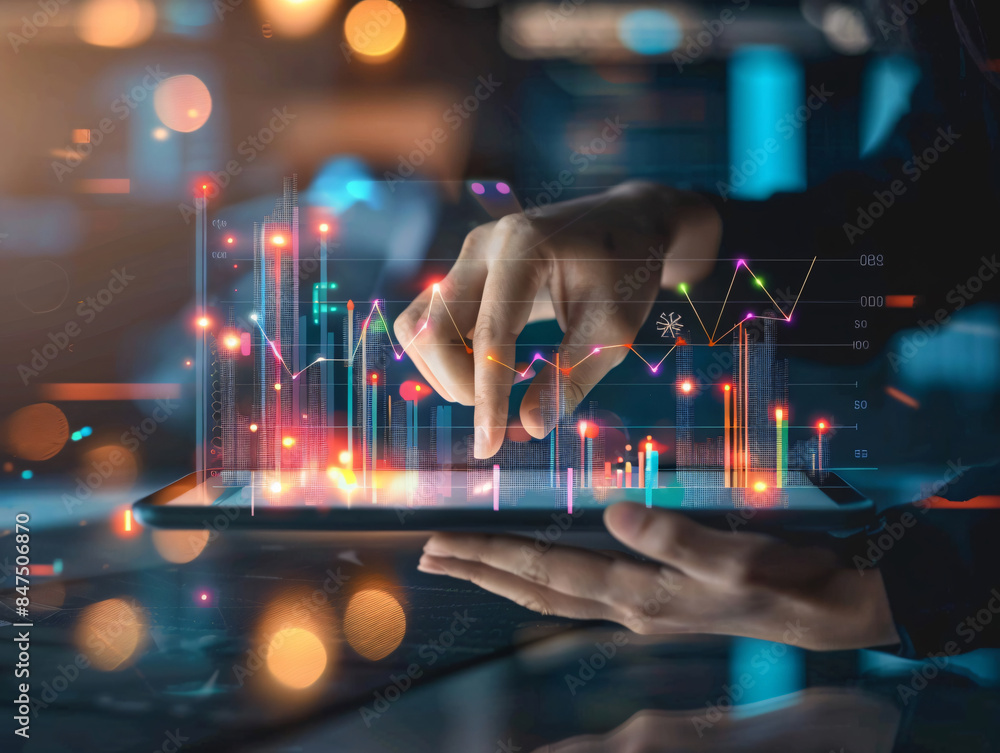 Poster hand touching a tablet with glowing data and graphs with copy space text. this design is perfect for