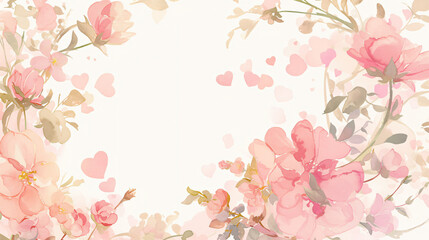 Watercolor floral frame with pink flowers and hearts with copy space text. This design is perfect for a website, brochure, or presentation about love, romance, or wedding.