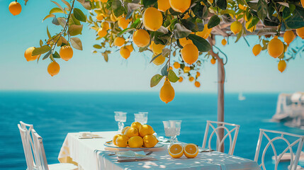 A table set with lemons and glasses under a lemon tree with copy space text. This design is perfect for a website, brochure, or presentation about Italy, Mediterranean, or summer.