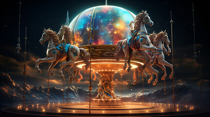 A carousel with beautifully adorned horses and a mystical crystal ball, creating a whimsical and enchanting atmosphere.