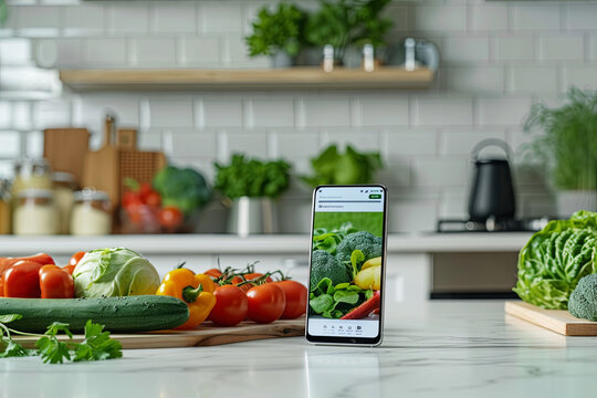 Smartphone displaying an online cooking recipe, surrounded by fresh vegetables on a kitchen counter, promoting the idea of using digital resources to inspire and facilitate healthy, home-cooked meals