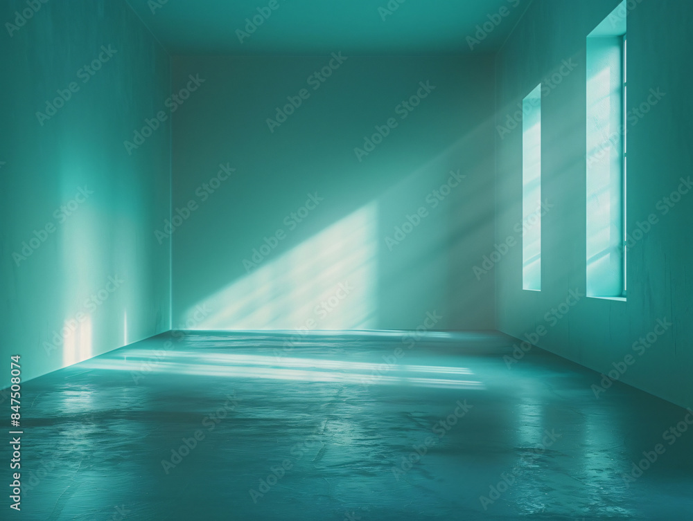 Poster empty room with a teal wall and two windows with copy space text. this design is perfect for a websi