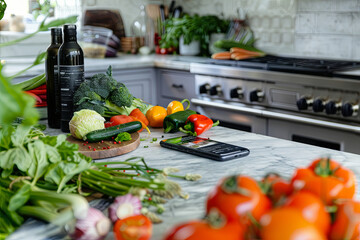 Smartphone displaying an online cooking recipe, surrounded by fresh vegetables on a kitchen counter, promoting the idea of using digital resources to inspire and facilitate healthy, home-cooked meals
