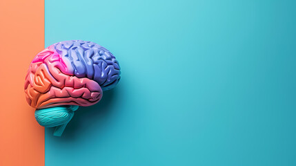 Colorful human brain model against a split blue and orange pastel background, representing creativity and intelligence.