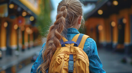 Little girl with a yellow backpack on a blurred background, view from the back.