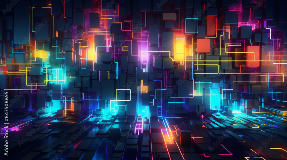 Poster abstract digital art with glowing lines and blocks in vibrant colours with copy space text. this des