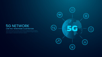 5G Technology Global Network Concept. 5G Internet and Network Icons Vector Illustration on Technological Blue Background. 
