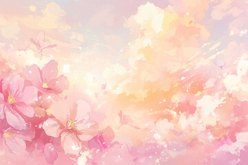 Soft pink and yellow pastel clouds with pink flowers and copy space text. This design is perfect for a website, brochure, or presentation about nature, spring, or beauty.