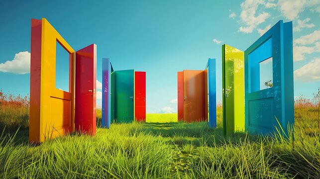Multi colored abstract opening doors on grassy field on sunny summer day