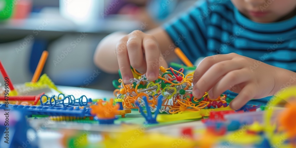 Poster close up of smart children hands learning about science by using toy in stem science lesson. skilled