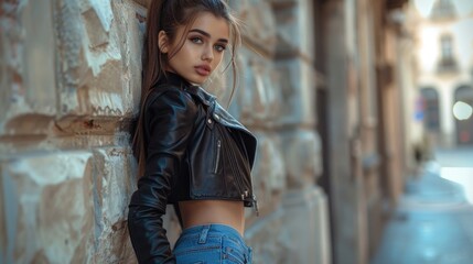Naklejka premium Woman in leather jacket leans against wall in italian alley