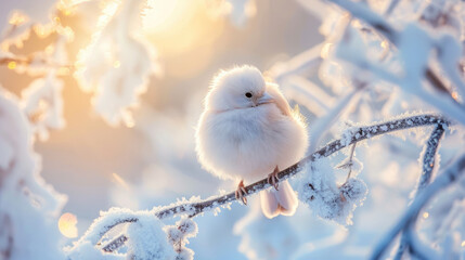 A little cute fluffy white bird perched in hoarfrost on a snow-covered branch in a Christmas park, Ai Generated.