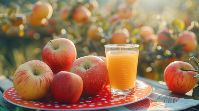 Apples and juice on a red polka dot plate