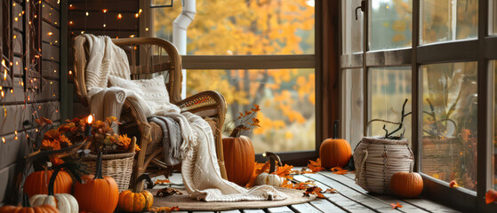 Cozy autumn porch decor with copy space