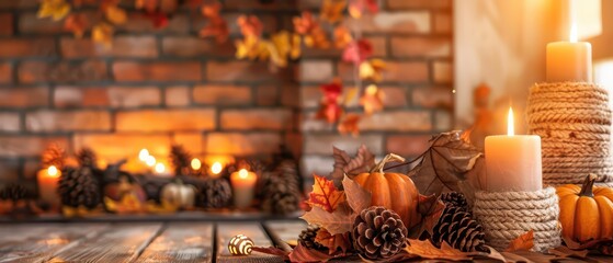 Cozy fireplace with fall decor and copy space