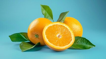 Orange fruits with leaves isolated on blue background with clipping path collection