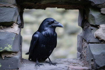 Fototapeta premium Black crow posing in a window.