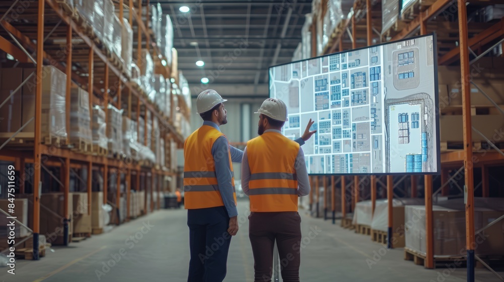 Poster group of professional warehouse worker working together while planning and looking at monitor. smart