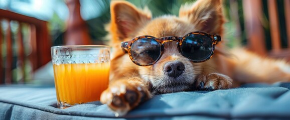 Obraz premium A Funny Red Fluffy Puppy Lying In Sunglasses, Drinking Juice From A Glass, Full Of Charm, HD