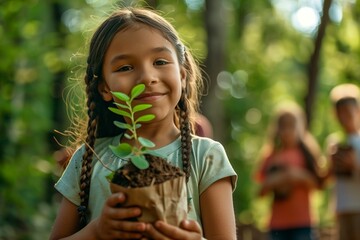 Beaming Girl Nurturing Seedling Amidst Friends in Lush Forest Setting, Embracing Nature's Beauty and Promoting Environmental Conservation Through Collective Planting Efforts.