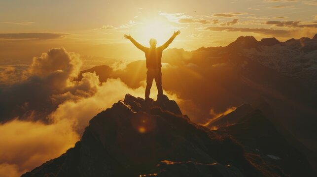 Man Silhouette on Mountain Peak at Sunset