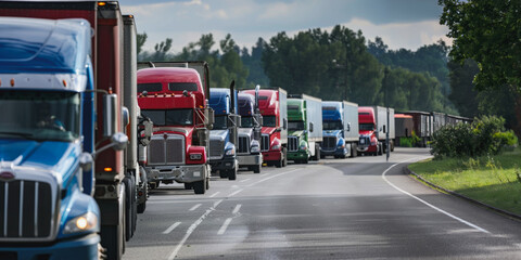 Fleet of trucks parked in industrial lot