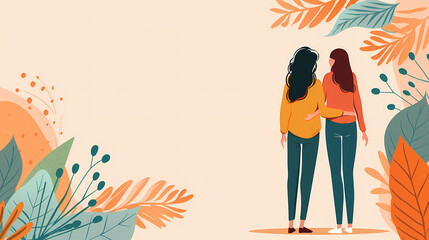 Rear view of two women embracing and standing together surrounded by colorful autumn leaves and foliage.
