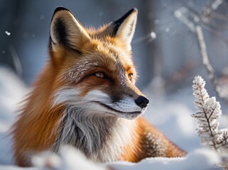 Fototapeta premium Serene Red Fox Peering Through Snow-Covered Foliage