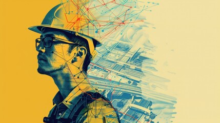The image shows a construction worker wearing a hard hat and safety glasses. He is looking at the camera with a serious expression. The background is a blur of yellow and blue. The image is meant to