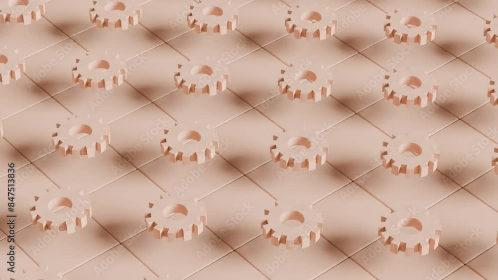 Poster abstract 3d rows of peach cogwheels figures moving towards each other: animation background, geometr