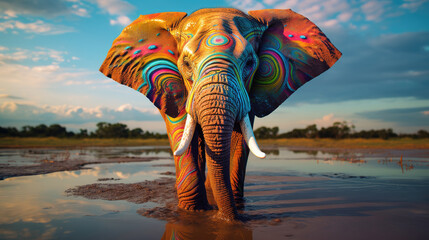 Obraz premium elephant with eyes twice as big, adorned in rainbow colors on both sides, Ai Generated.