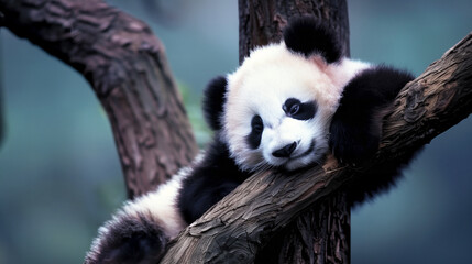 Obraz premium cute baby panda is lounging on a tree branch, looking relaxed with its head resting on the wood. soft green and blue background, highlighting the panda's fluffy fur and serene expression