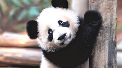 Fototapeta premium cute baby panda is clinging to a wooden post, looking at the camera with a curious expression. The background is warm and slightly blurred, drawing attention to its playful and endearing pose