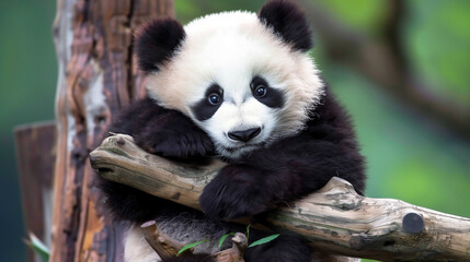 Fototapeta premium cute baby panda is hugging a tree branch, looking directly at the camera with wide, expressive eyes. The background is a lush green, enhancing the panda's adorable features