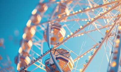 close-up details of a Ferris wheel, highlighting its metal structure and booths on a clear blue sky backdrop - Powered by Adobe