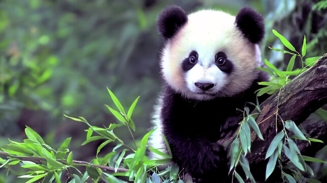 cute baby panda on a tree branch surrounded by leafy greens. with a curious look on its face