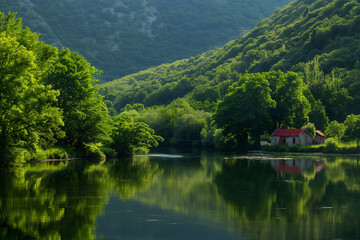 Fototapeta premium Serene Mountain Valley with Reflective Lake and Cottage.