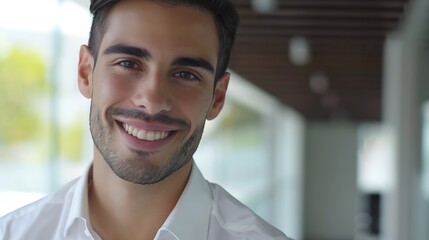 Obraz premium Smiling handsome young business man looking at camera in office headshot close up corporate portrait Happy Latin businessman male entrepreneur professional manager or company employee : Generative AI