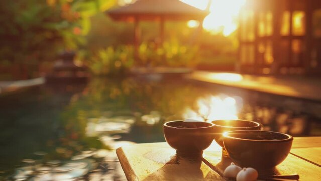 Tranquil scene of three ceramic bowls on a wooden table with a sunset view over a swimming pool
