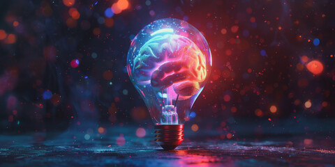 Brain inside light bulb with bokeh lights